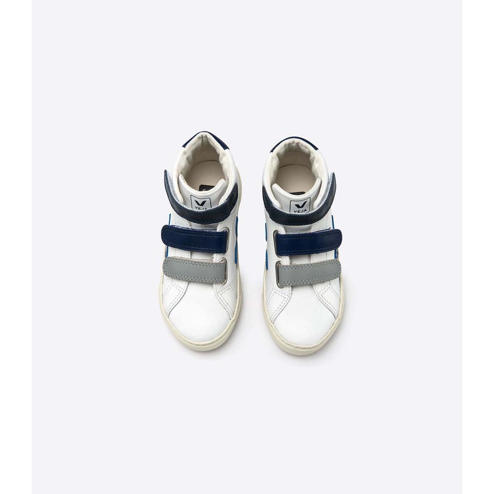 Kids' Veja ESPLAR MID LEATHER High Tops White/Blue | SG 683YXF